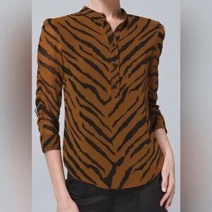 White House Black Market Tiger Print Blouse Size L Brown‎ Black Ruched Sleeve